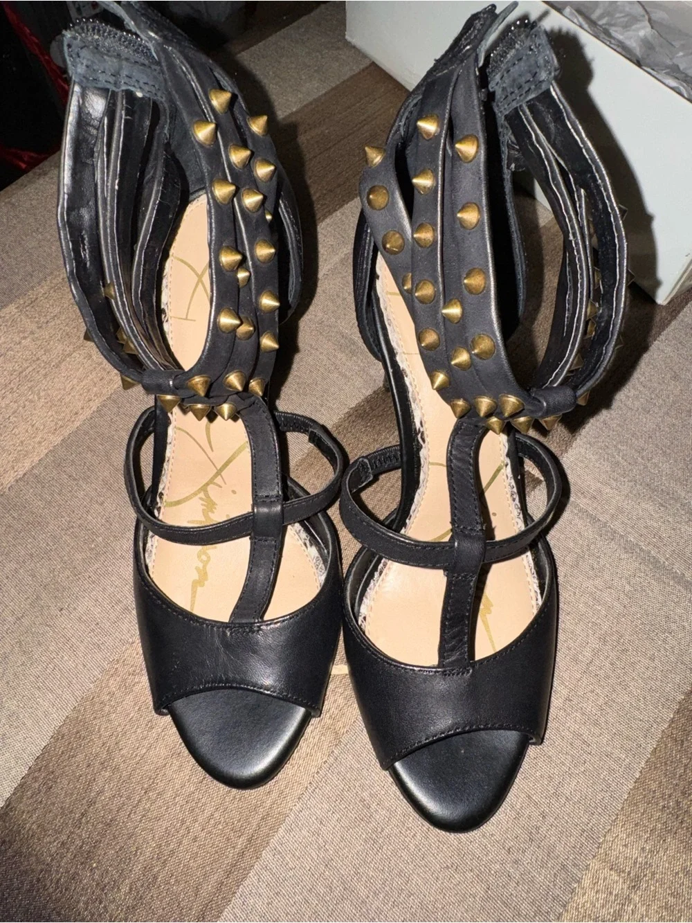 Jessica Simpson Black Open-Toe Studded Ankle-Strap Heels